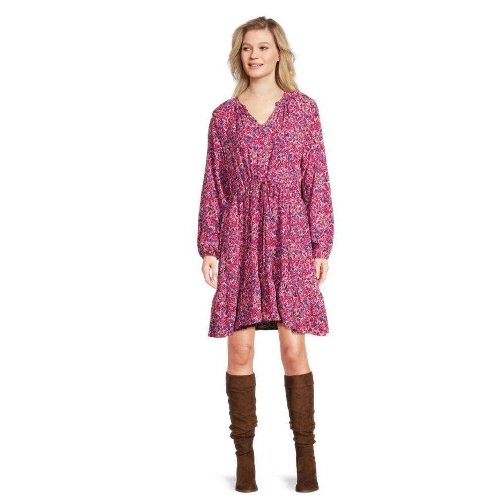 Time and Tru Women's Floral Drawstring Mini Dress Boho Pullover Size XL Pink NWT